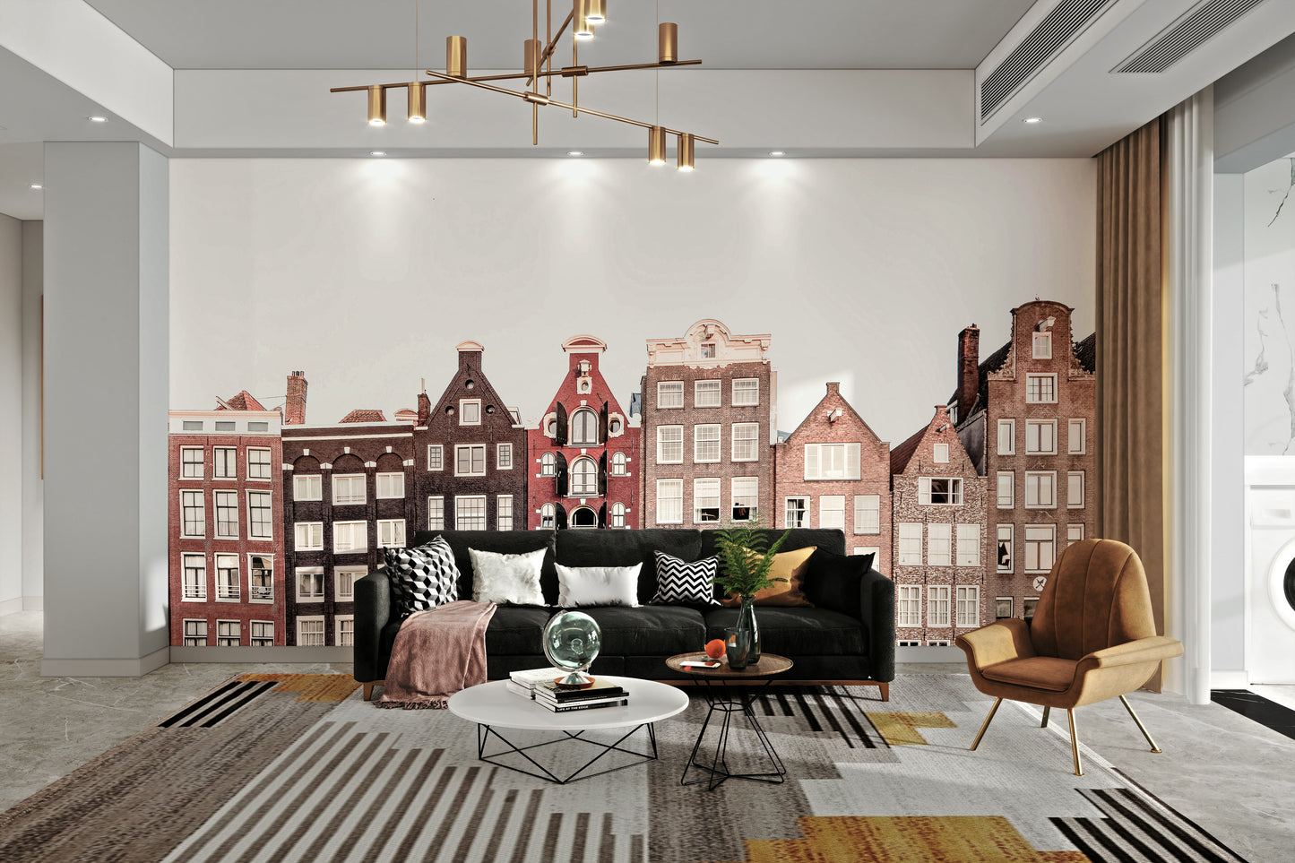 Scenic mural of colorful Amsterdam canal homes

