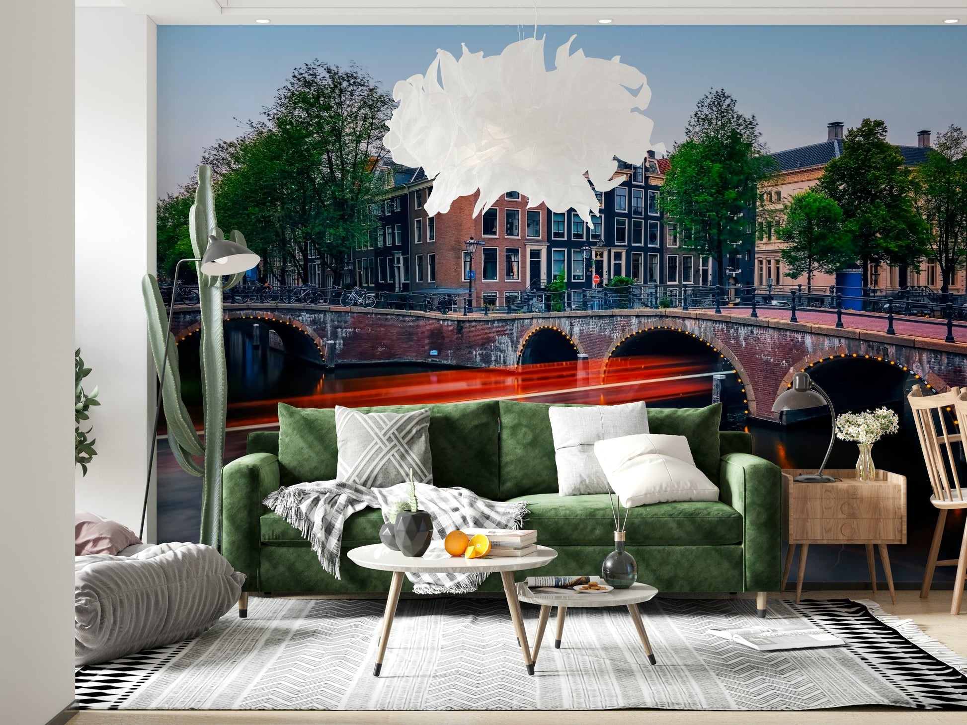 City wallpaper mural showing Amsterdam lights and water views
