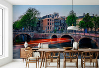 Nighttime Amsterdam street lights mural as city wallpaper décor