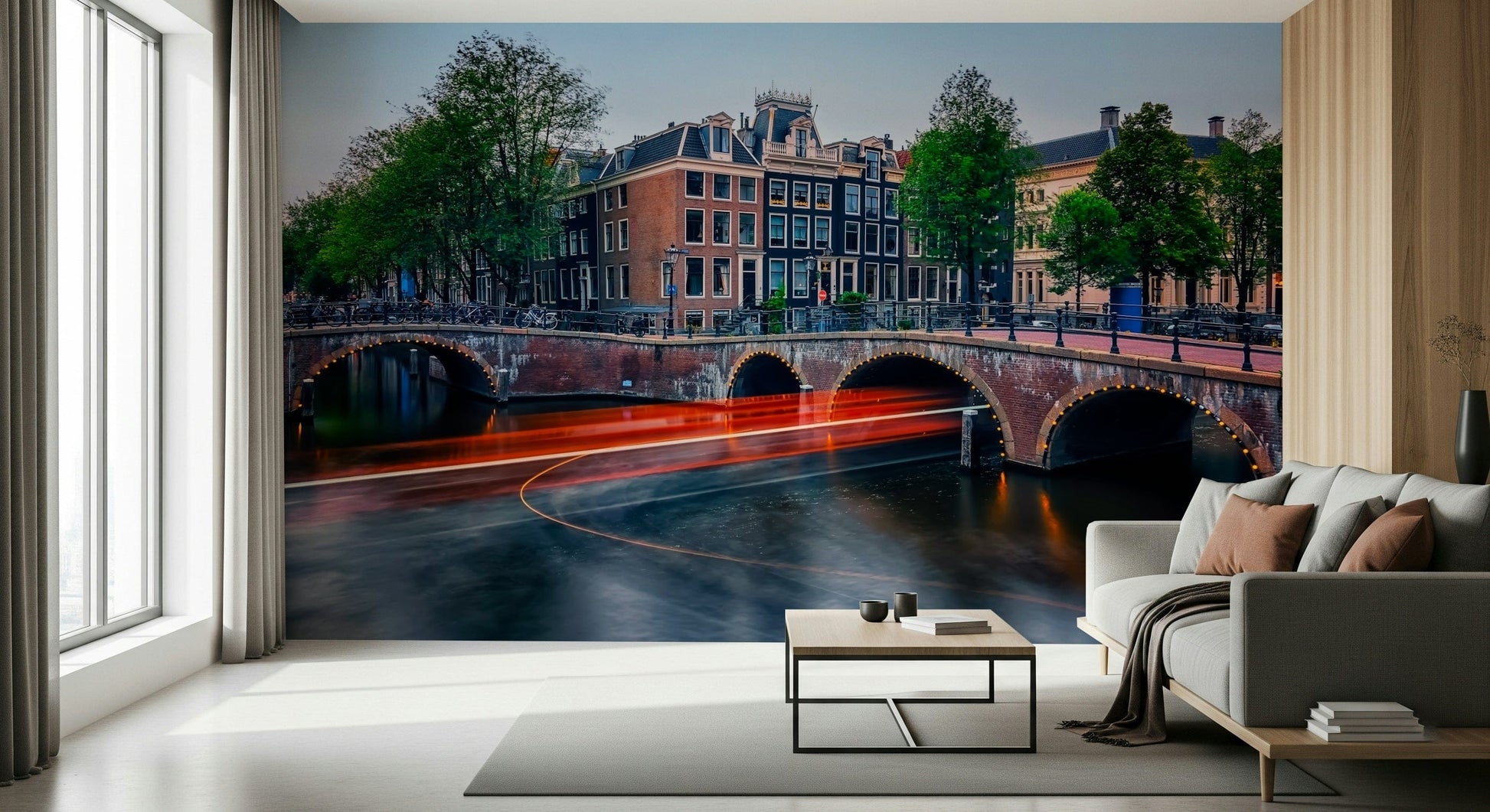 Amsterdam lights wall mural showing night reflections as city wallpaper
