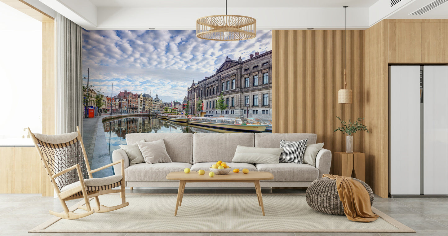 Watercolor Amsterdam bridge mural for dining room wall, light neutrals and blues