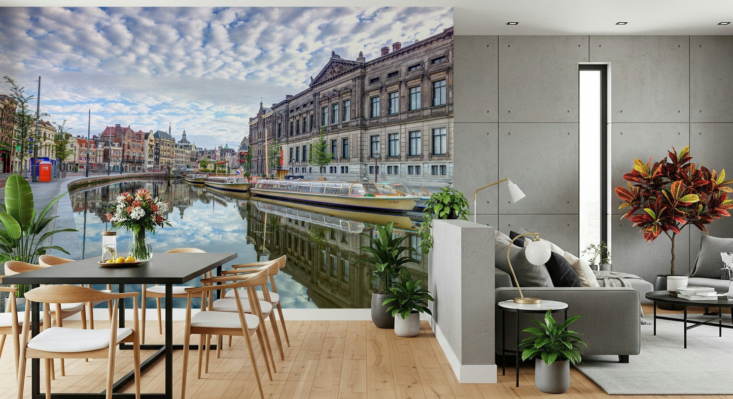 Amsterdam watercolor travel mural in lounge, modern wall decor with pastel hues