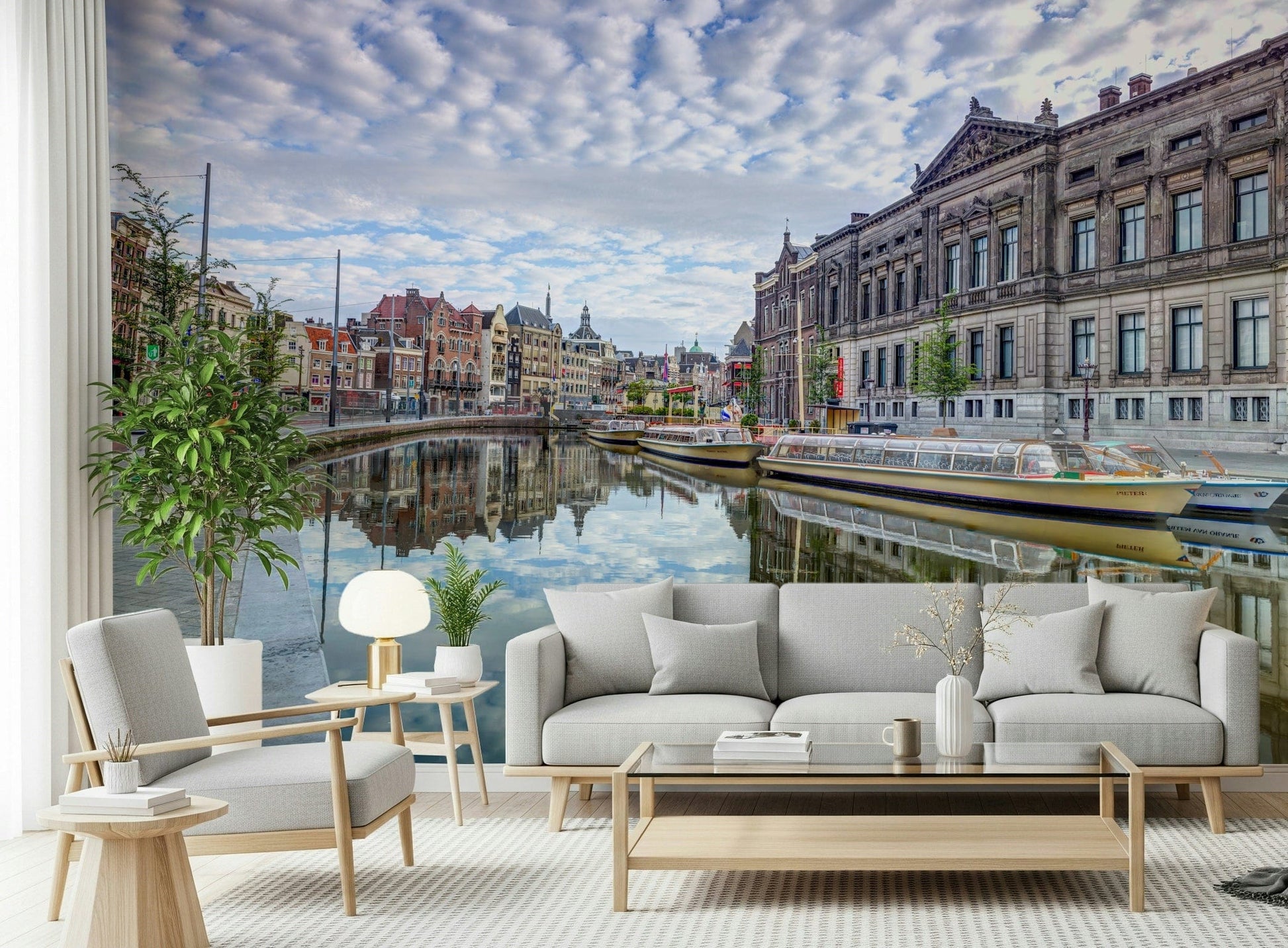 Amsterdam watercolor skyline mural in home office, calm color wash and fine lines