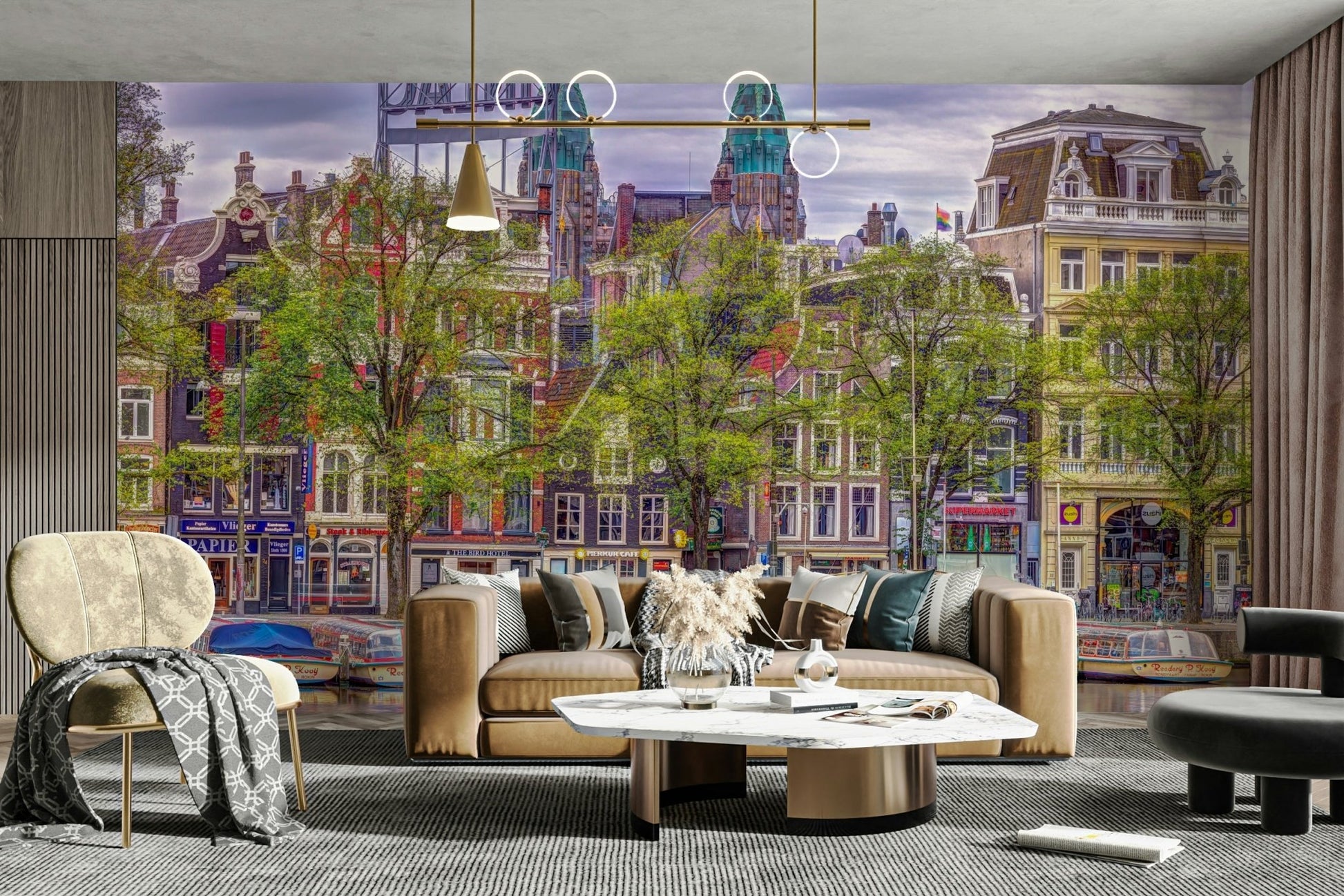 The mural shows a peaceful street scene with a canal and historic buildings.

