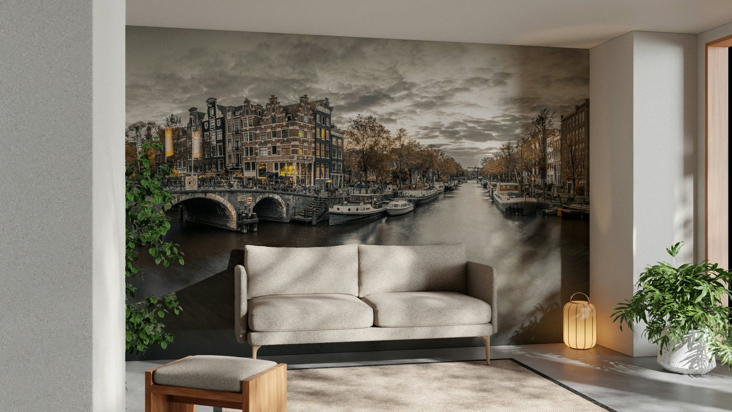 Urban mural of Amsterdam at dusk with boats

