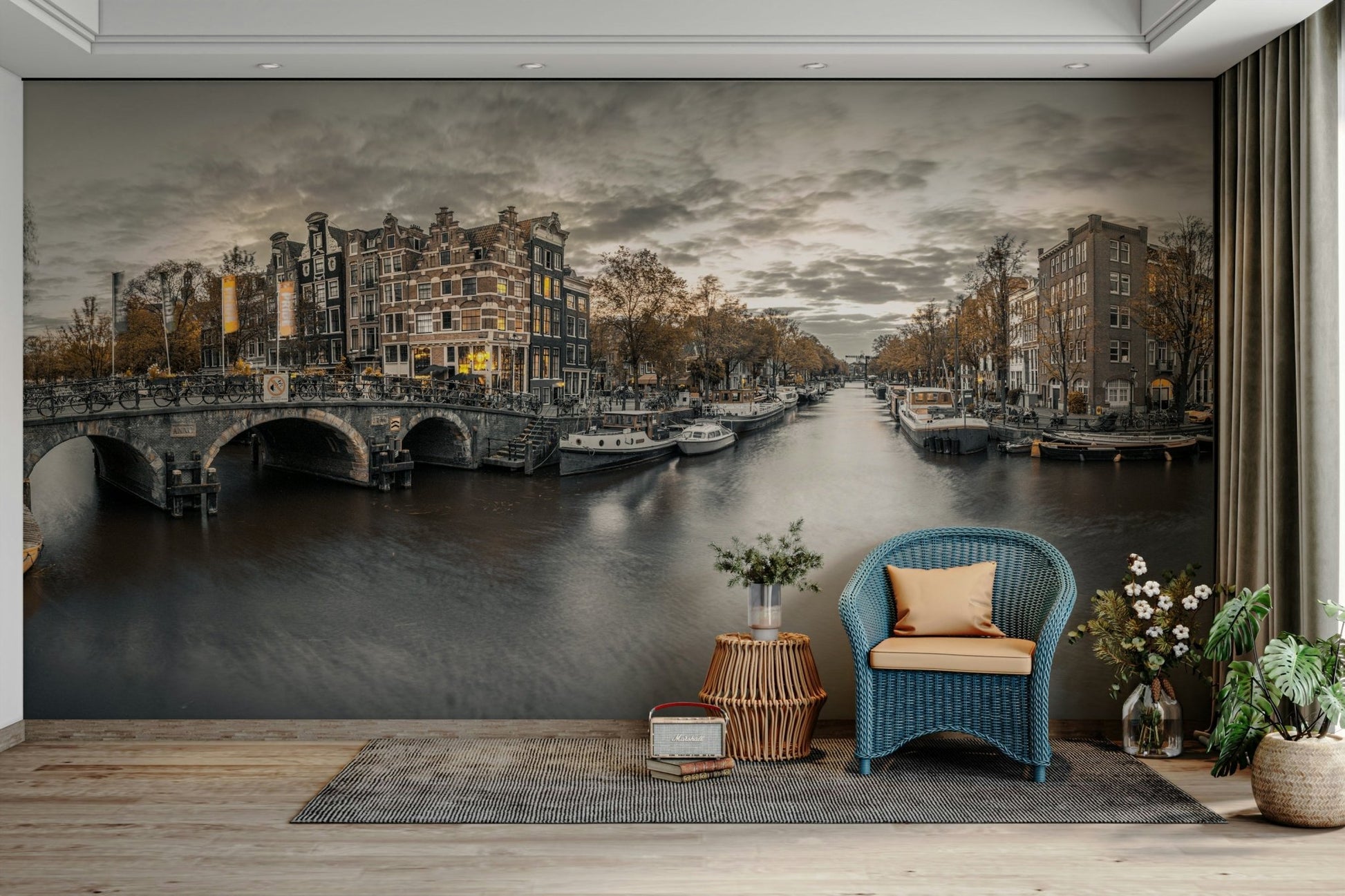 Sepia-toned Amsterdam mural with glowing windows

