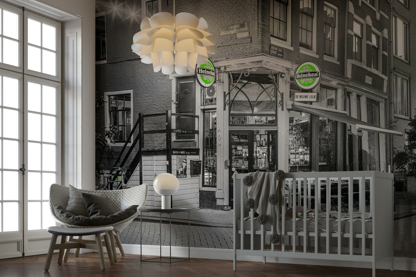 A calming city scene wallpaper mural that defines a space.


