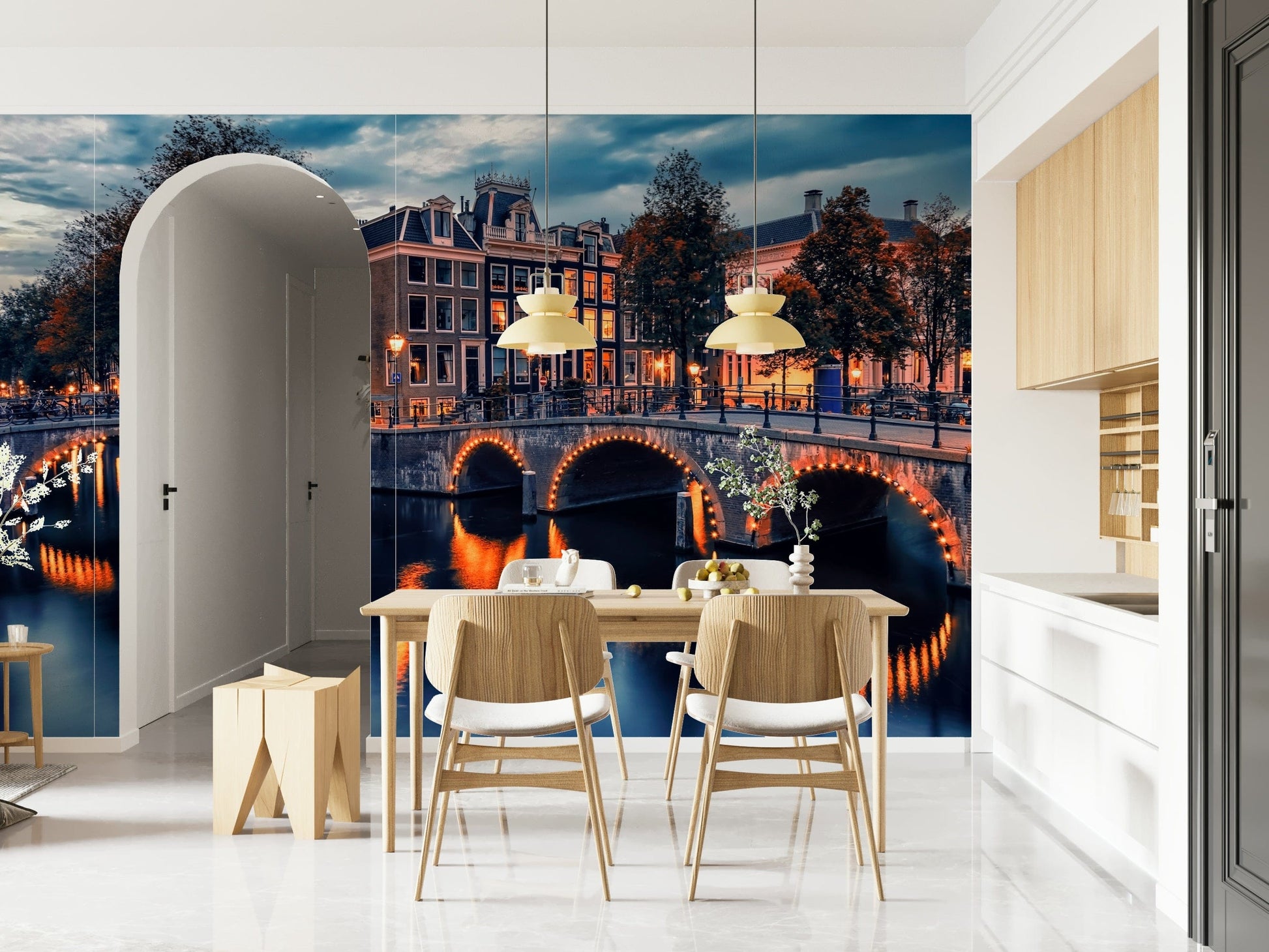 Dark blue skies over Amsterdam Nights wallpaper design.