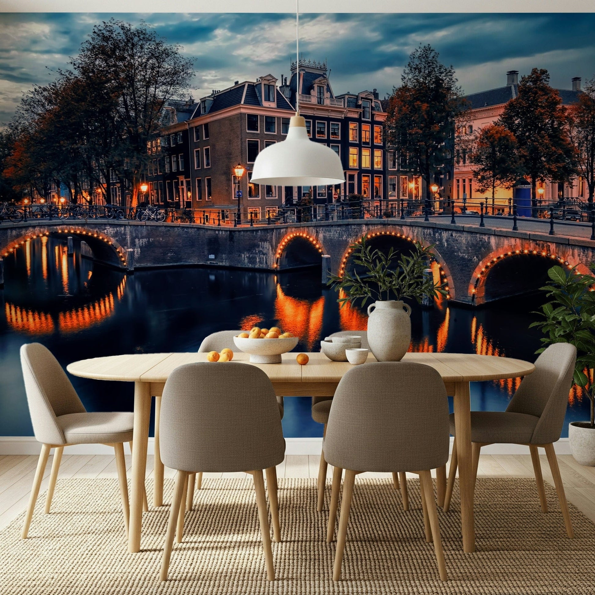 Glowing street lamps illuminate this Amsterdam Nights mural.