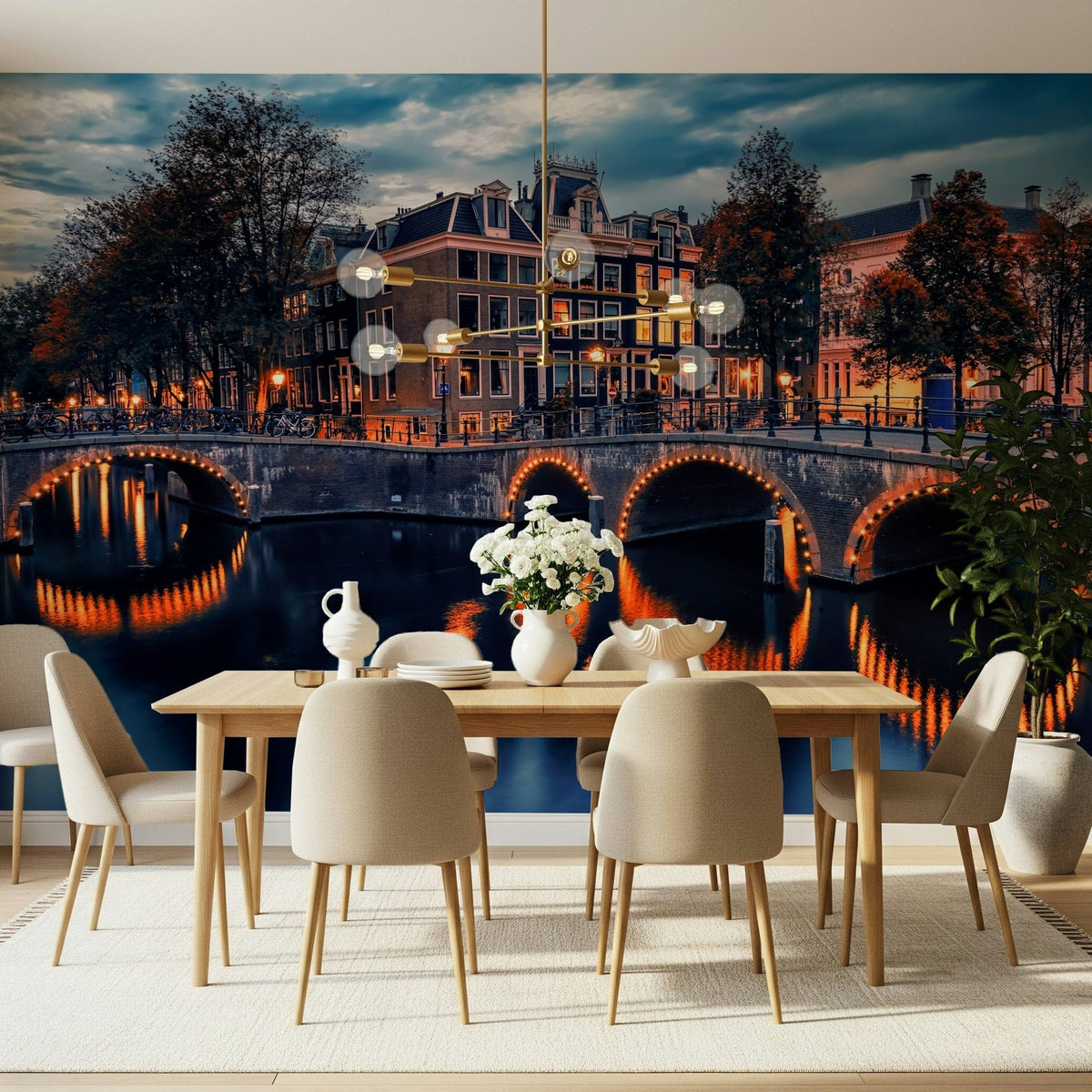 Amsterdam Nights mural featuring glowing arched bridge reflections.