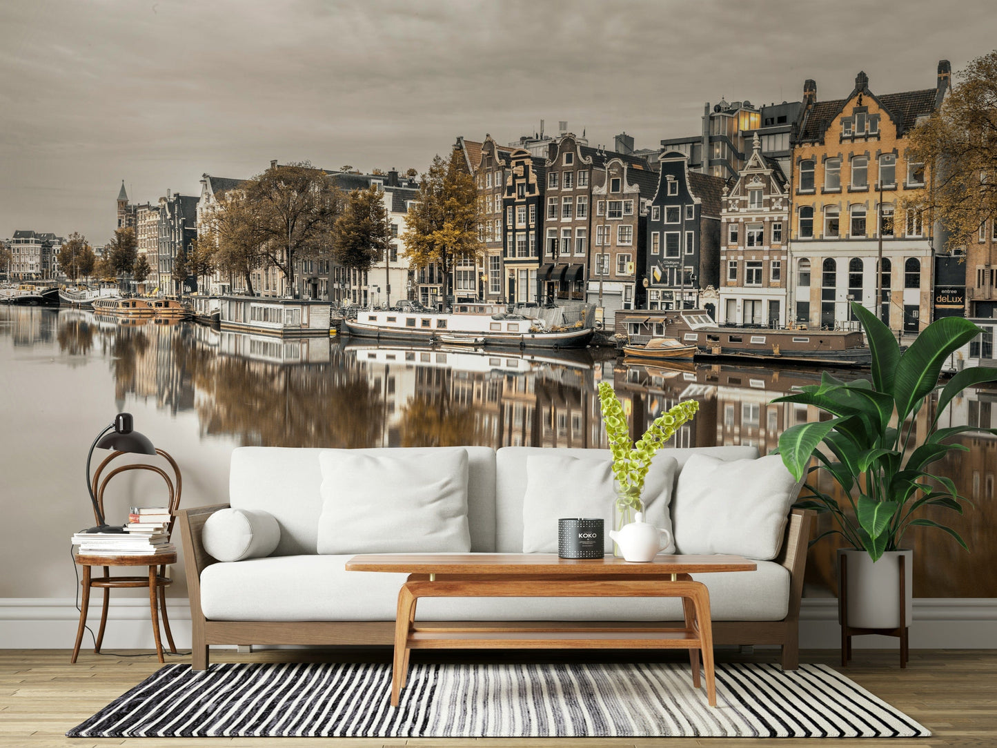Dining room wall decor mural with Amsterdam canal at dusk, soft lights and reflections