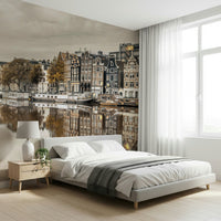Home office wall decor with Amsterdam canal mural, reflective water scene, modern