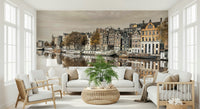 Modern apartment lounge with canal reflection wallpaper, Amsterdam cityscape view