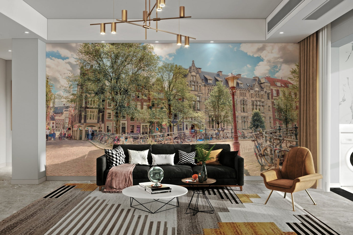 There are many bicycles parked along the street.

