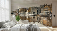 Apartment entryway mural showing Amsterdam bridge and canal reflections, modern style
