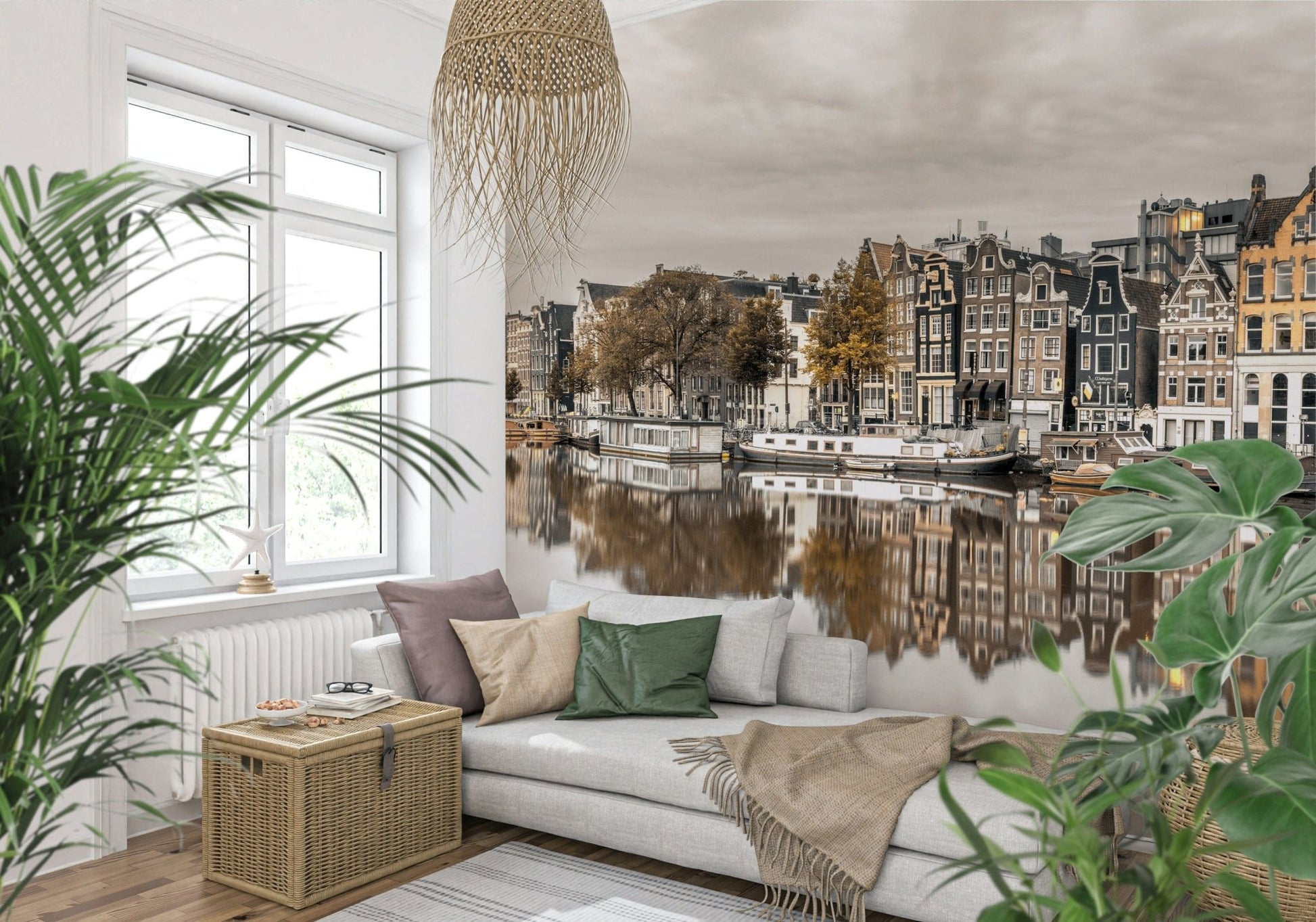 Office feature wall with Amsterdam's Mirror Wall Mural, city canal reflection scene