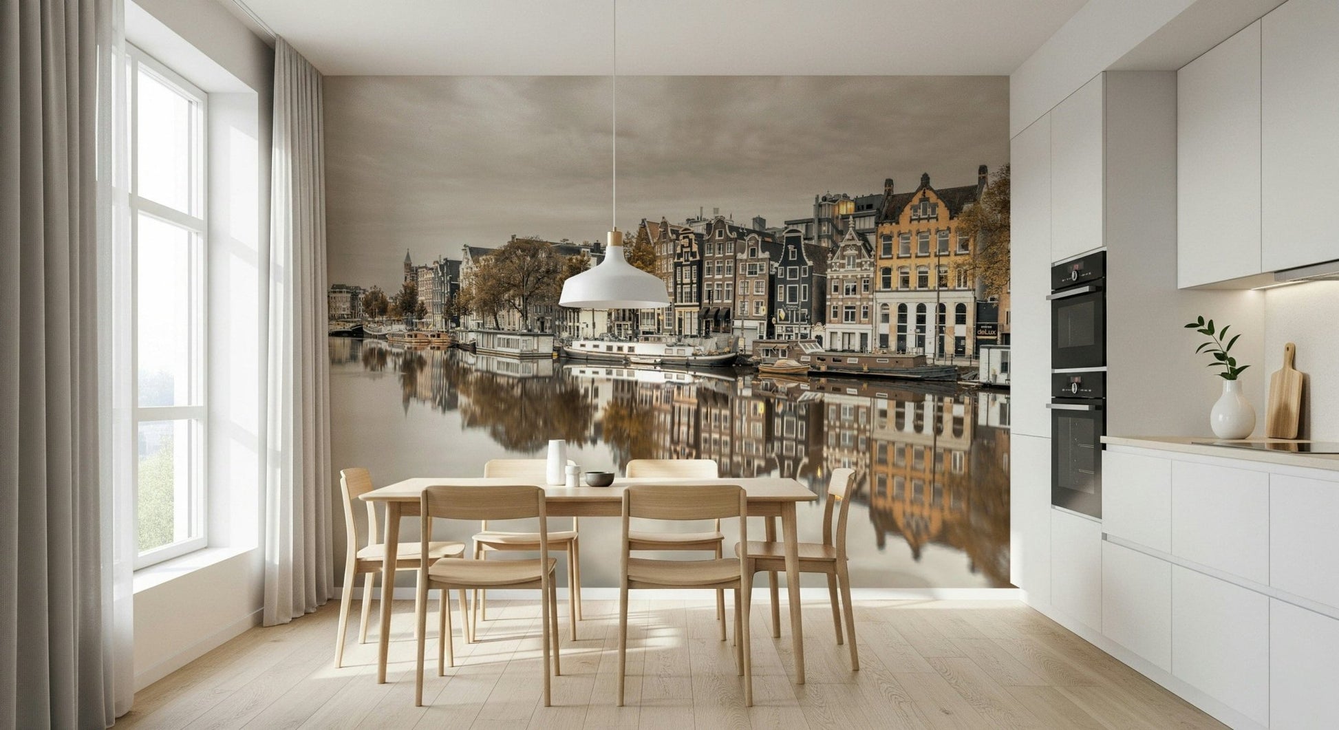 Bedroom headboard wall mural with Amsterdam skyline reflection, muted color palette