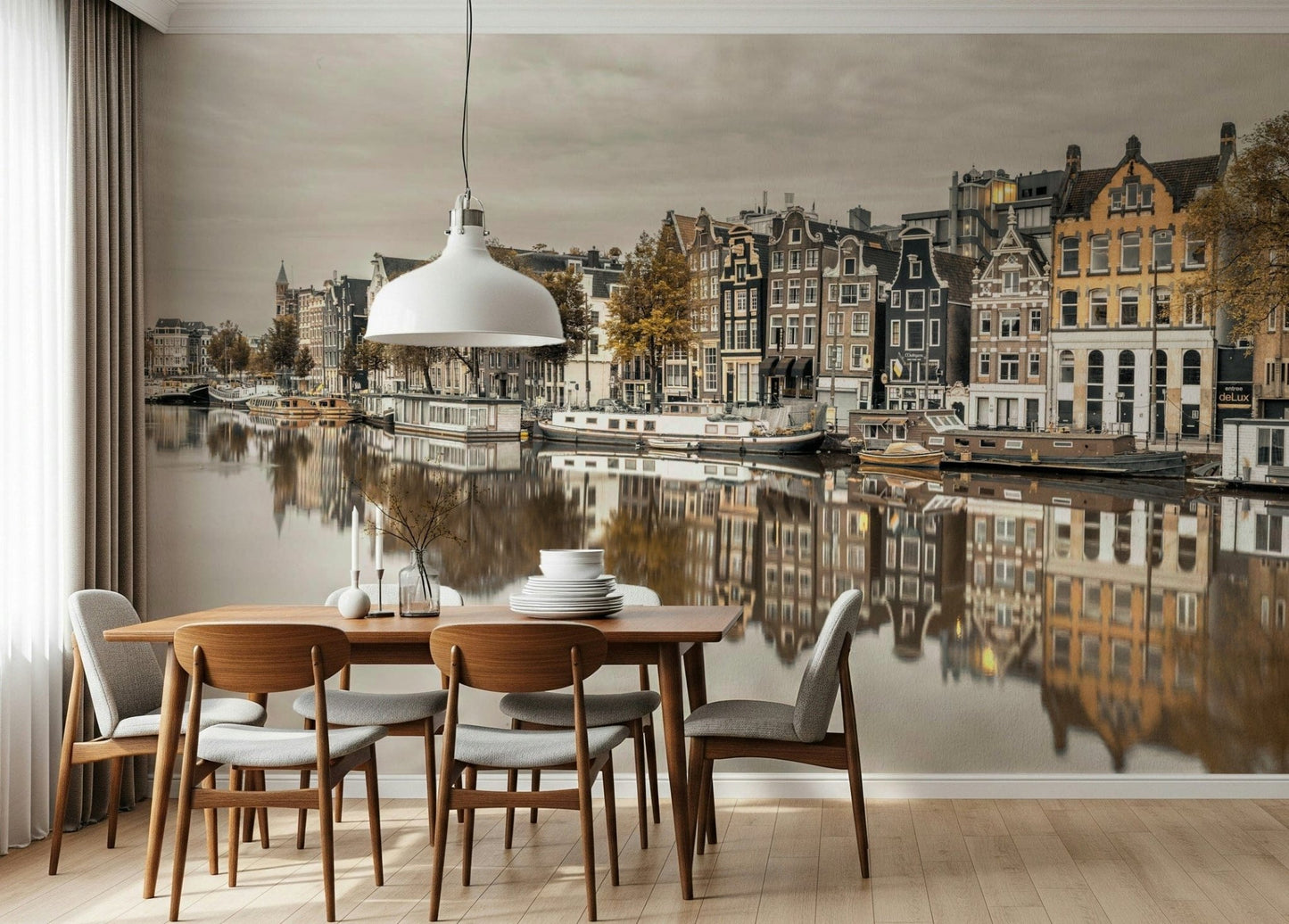 Amsterdam's Reflected Charm Wall Mural in bedroom, calm tones, headboard wall