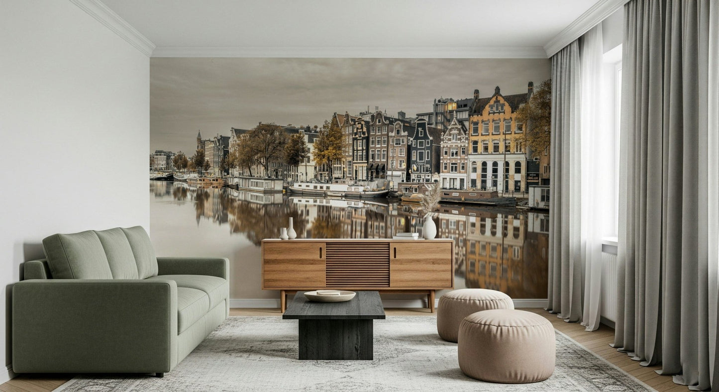 Reflected canal houses wall mural in hallway, modern wall decor, bright finish