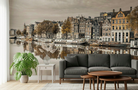 Amsterdam canal reflections mural in modern living room, warm lights, feature wall
