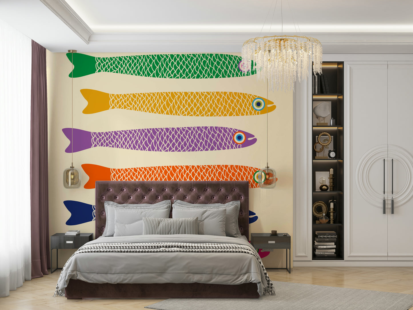 Colorful rainbow fish on a soft cream wall mural, perfect for children’s rooms.

