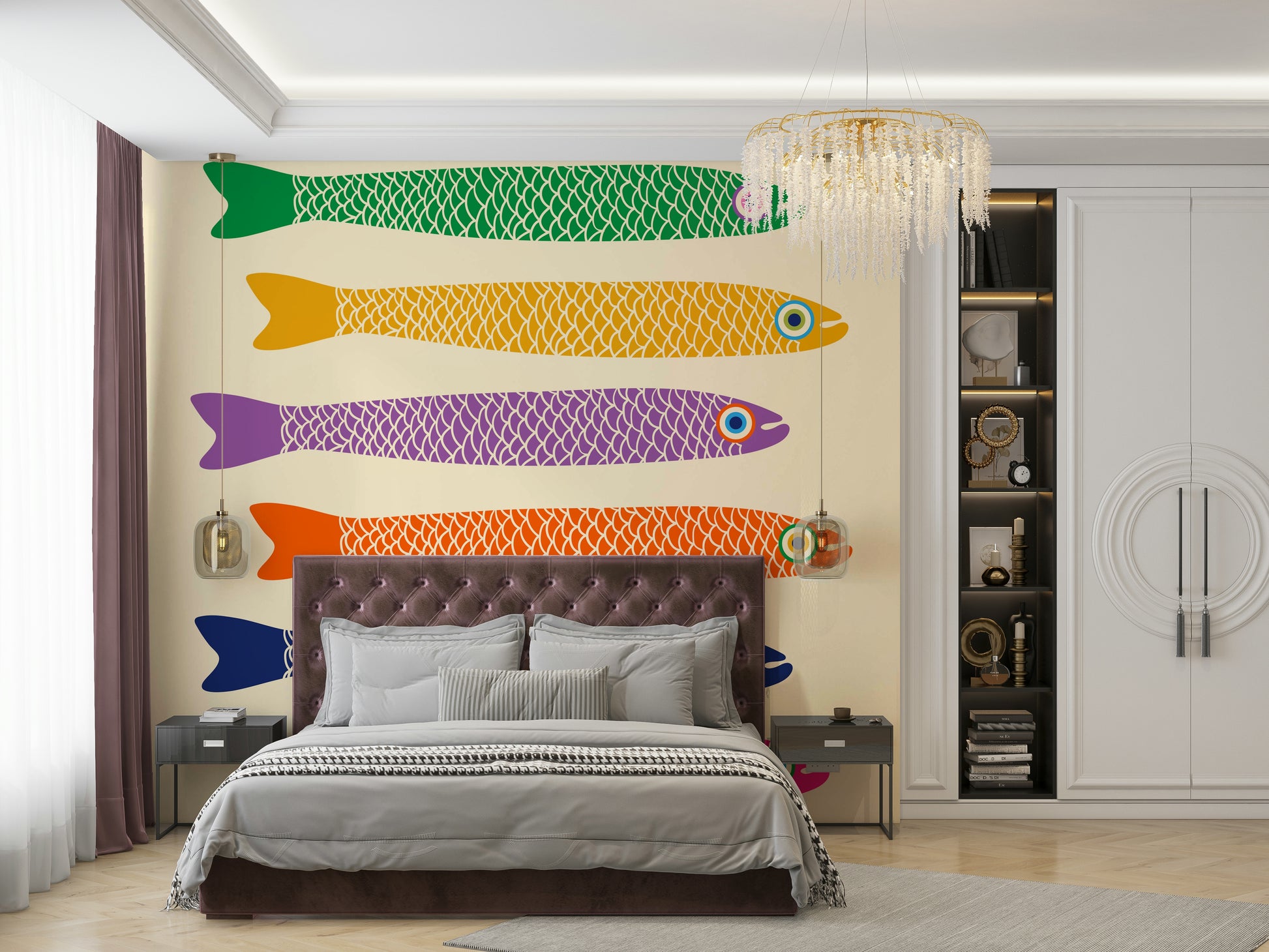Colorful rainbow fish on a soft cream wall mural, perfect for children’s rooms.

