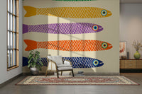 Lively underwater mural with rainbow fish on cream wallpaper.

