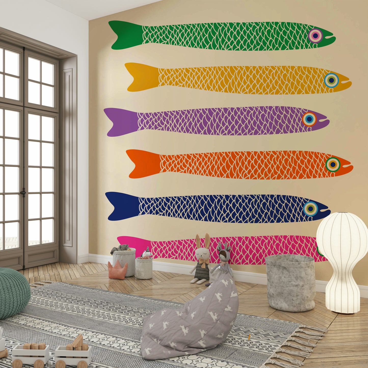Anchovies Bright Rainbow Fish on Cream Wall Mural with colorful fish.

