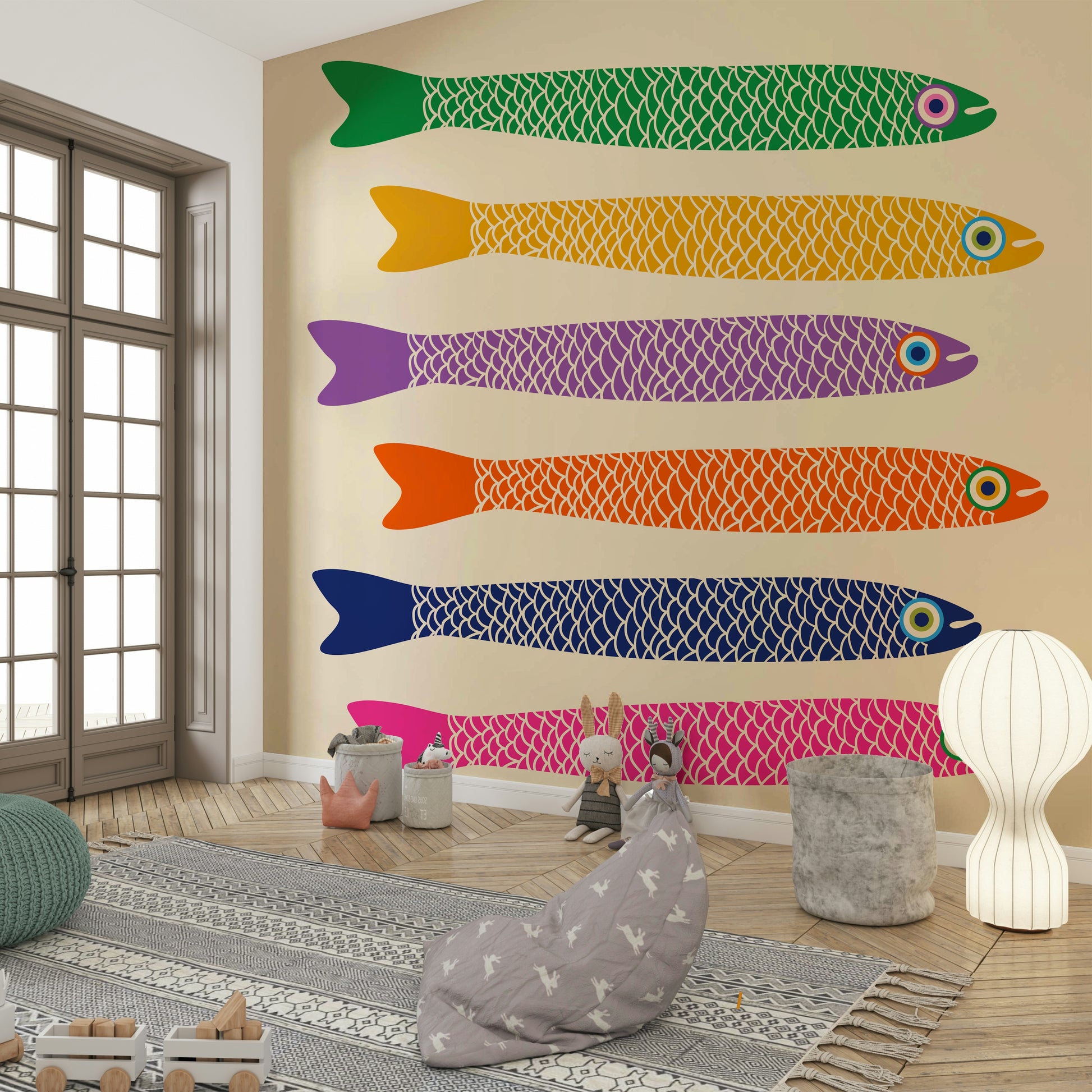 Anchovies Bright Rainbow Fish on Cream Wall Mural with colorful fish.

