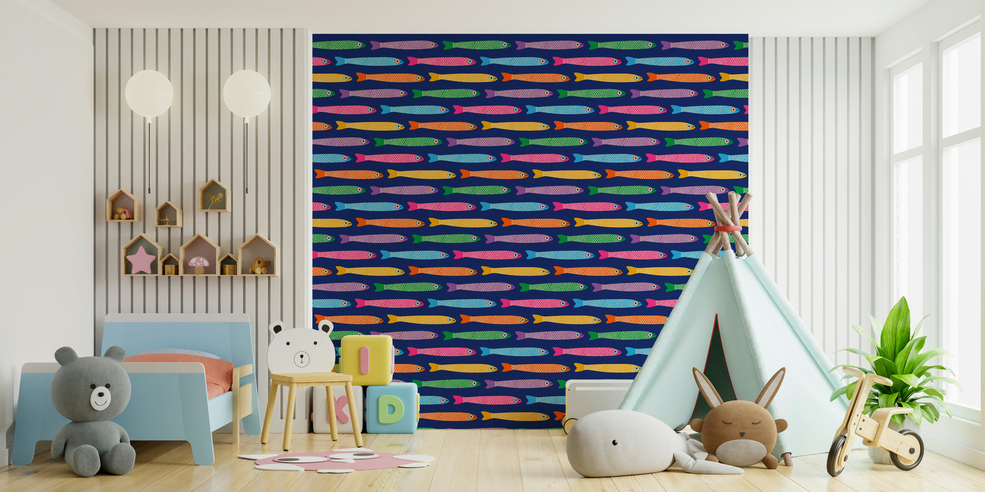 Playful wallpaper with rainbow-colored fish swimming across a blue background.

