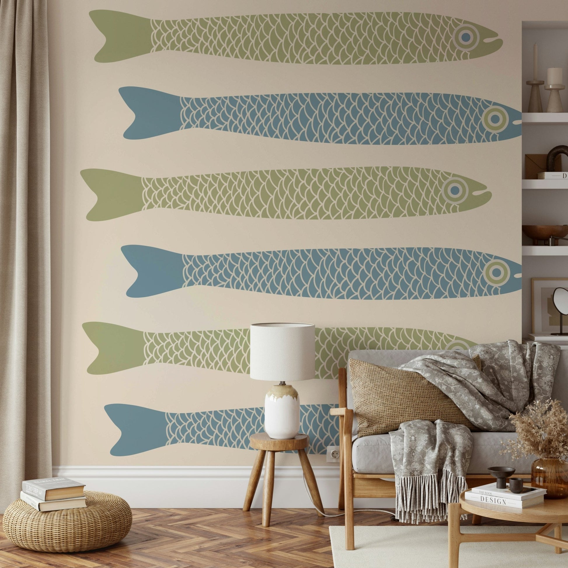 Hand-drawn fish mural wallpaper
