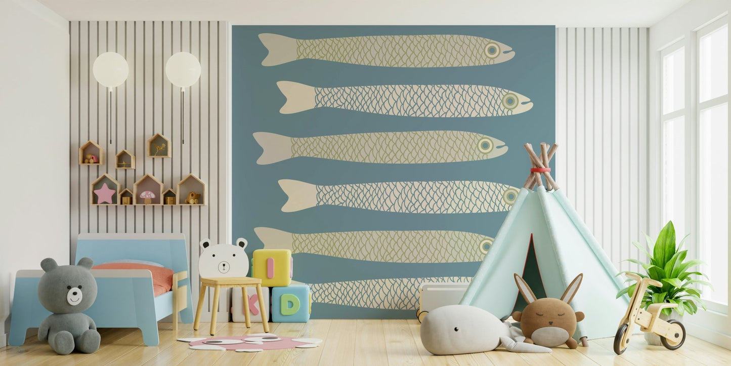 Whimsical seafood-themed wall design
