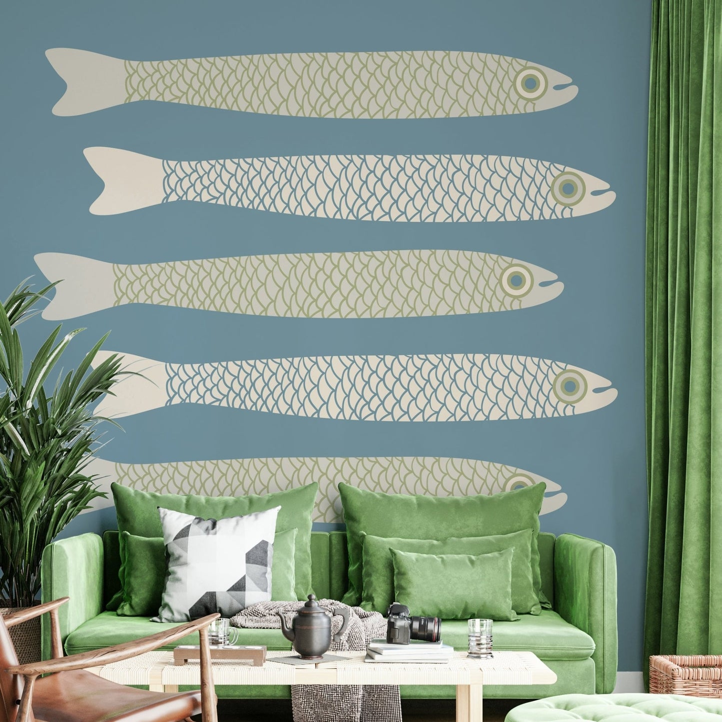 Hand-drawn fish mural for kitchens
