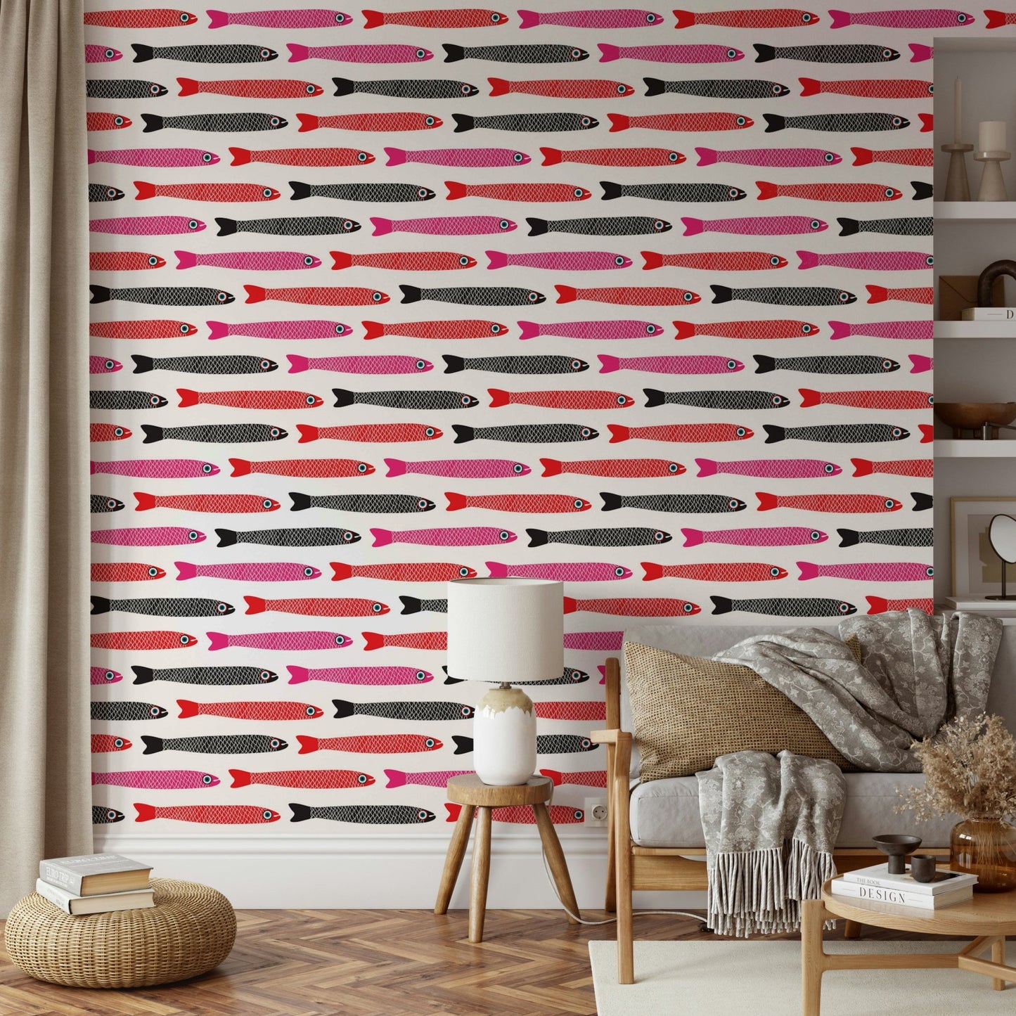 Retro seafood-inspired wallpaper design
