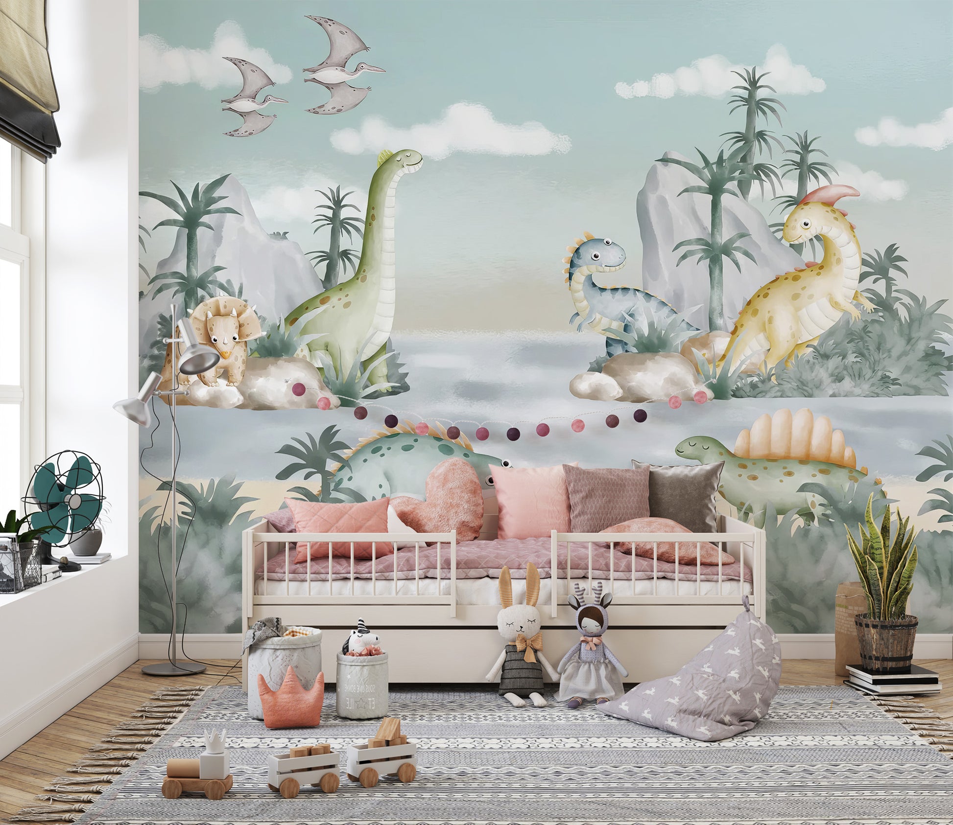Ancient Adventures Wall Mural on premium canvas in a bedroom with a pink and grey rug and cozy bedding.