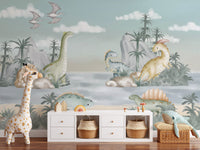 Temporary Ancient Adventures nursery mural in a nursery with white storage bins and a large giraffe plush toy.