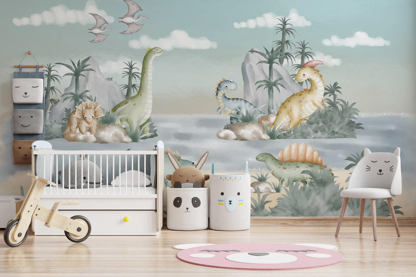 Self adhesive Ancient Adventures Wall Mural in a nursery with a white crib and a small toy bike on the rug.