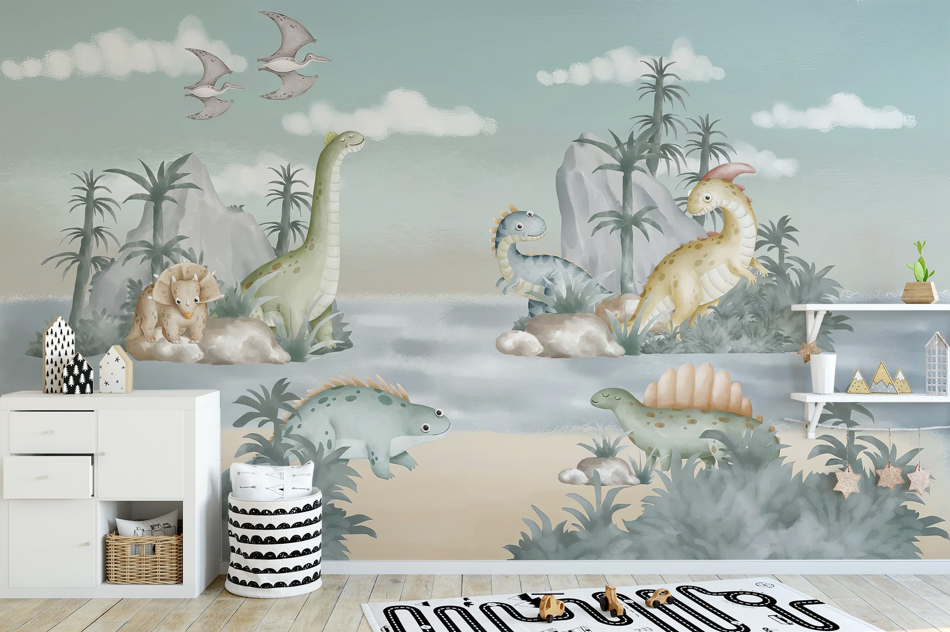 Removable Ancient Adventures wallpaper mural in a nursery with a white storage cabinet and toys for a clean look.