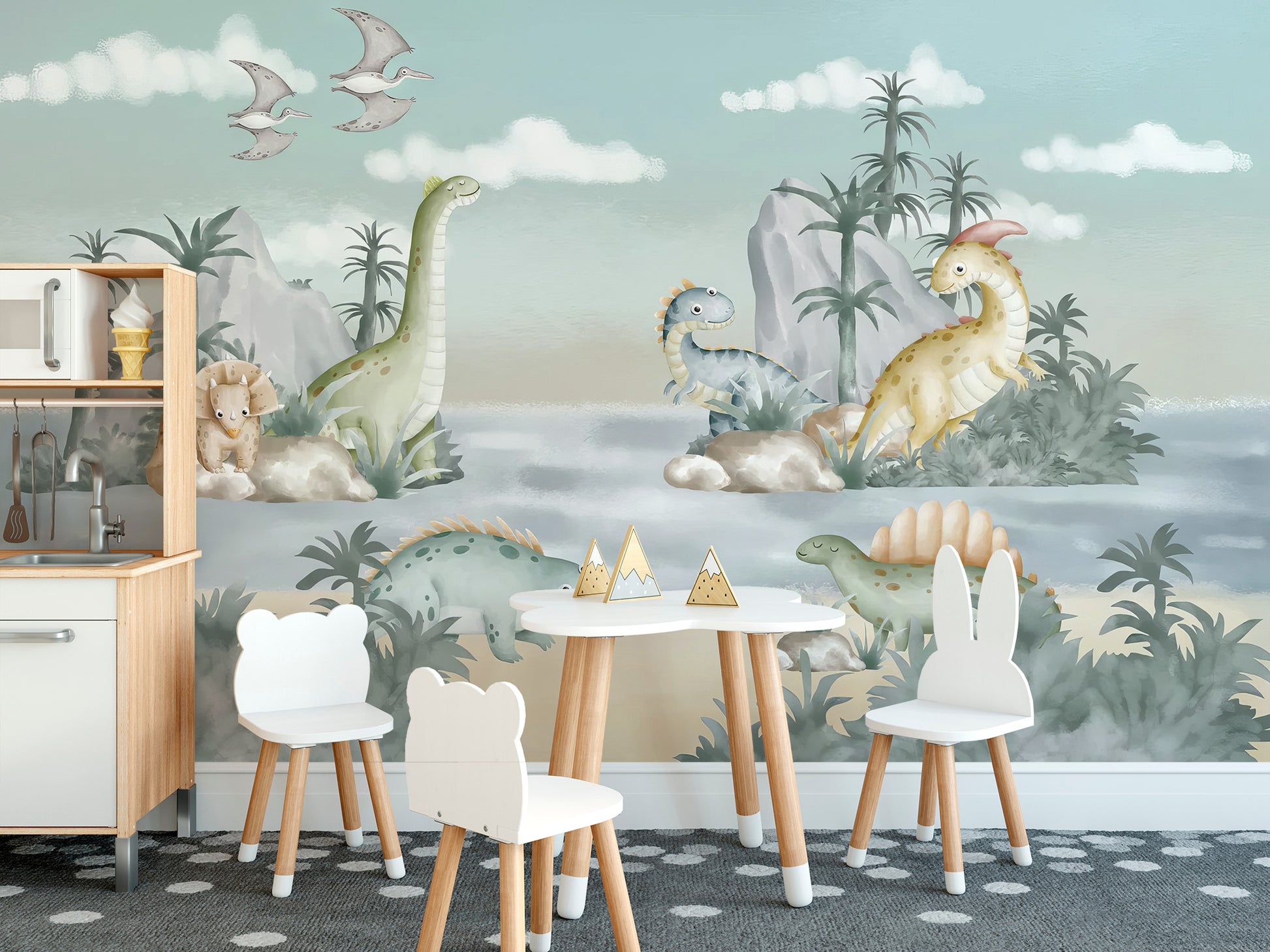Removable self adhesive Ancient Adventures Wall Mural in a playroom with a toy kitchen set and white chairs.