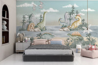 Peel and stick Ancient Adventures Wall Mural in a sleek bedroom with a black bed frame for a modern dinosaur theme.