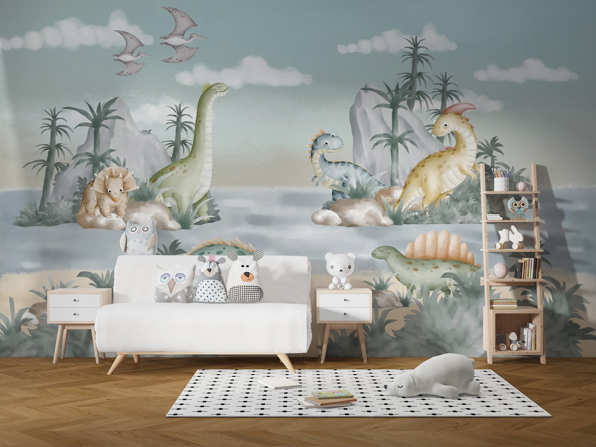 Standard Ancient Adventures Wall Mural design in a modern room with a white low dresser and a white crib.