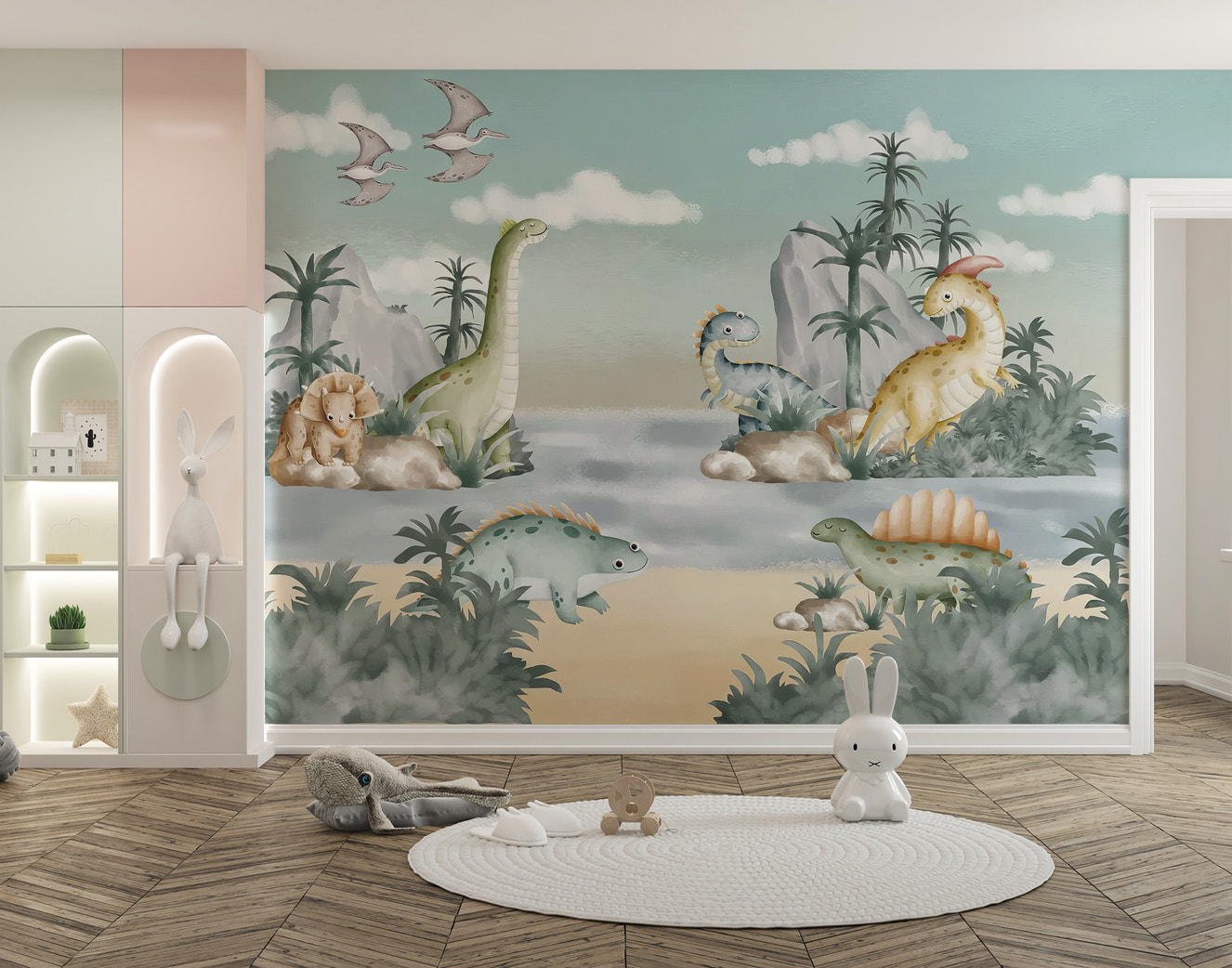Premium prehistoric Ancient Adventures Wall Mural on a large wall with a white circular rug for a bold focal point.