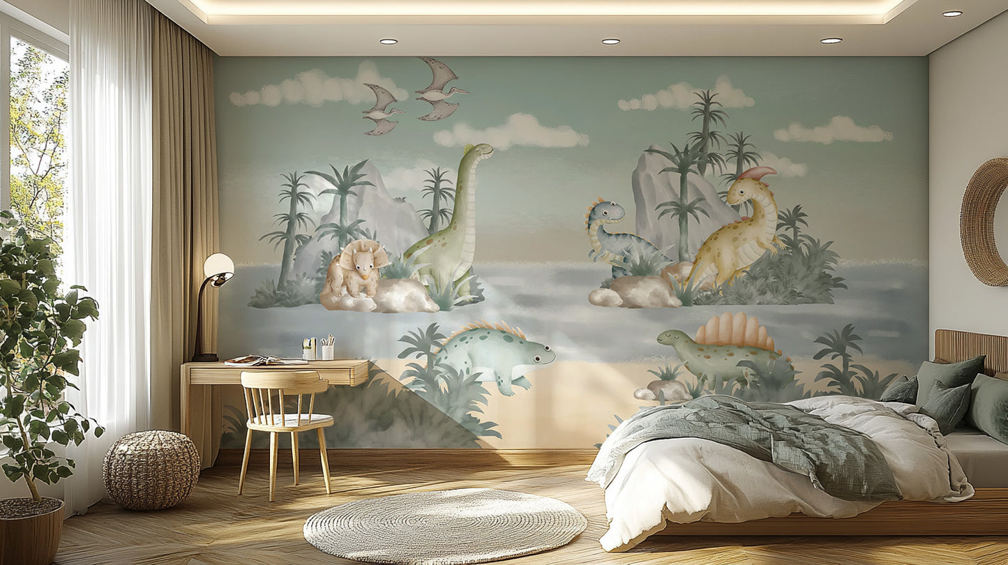 Ancient Adventures Wall Mural in a bedroom with a desk and wooden floor using peel and stick material.