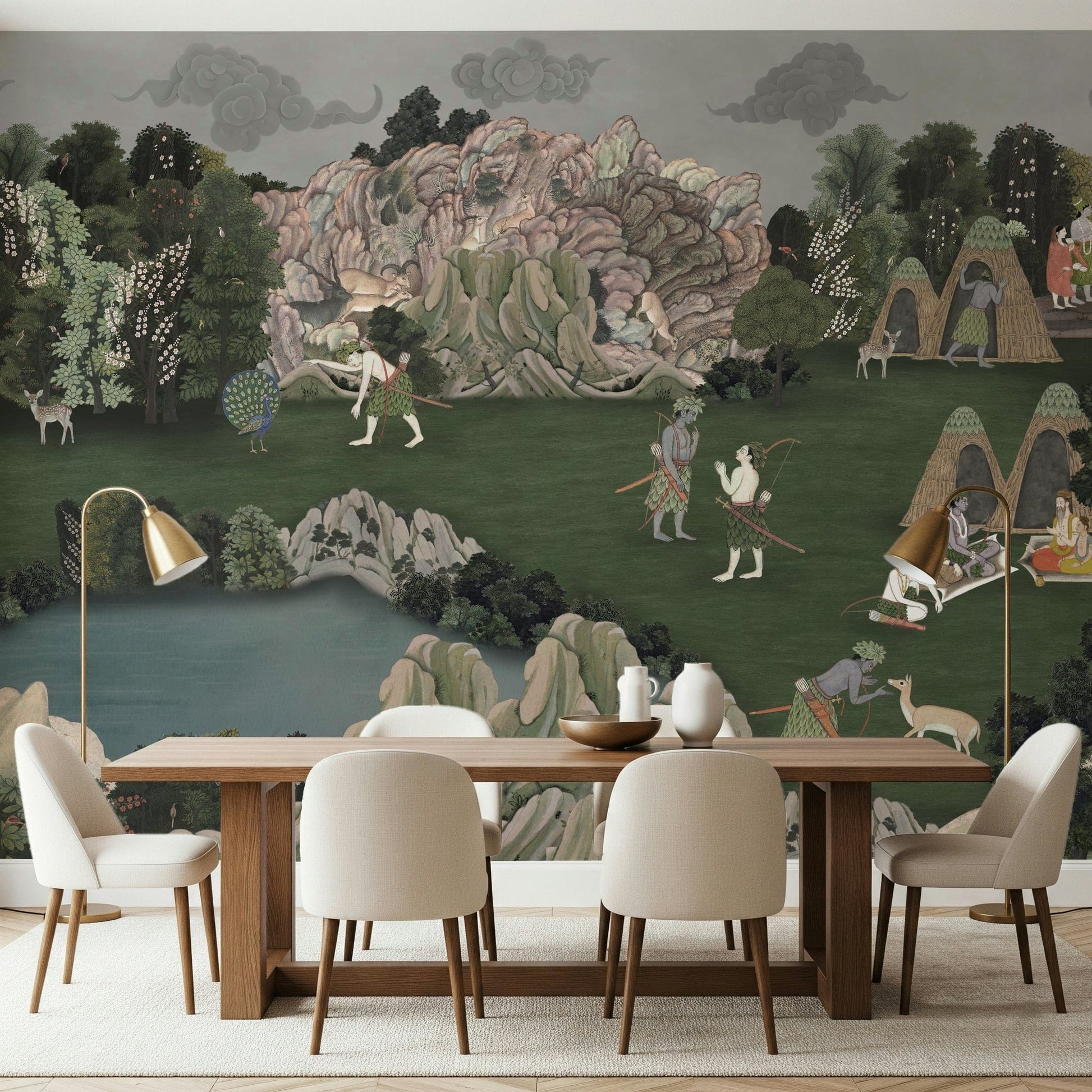 Detailed wall mural with an old-world landscape, lakes, and hand-drawn figures