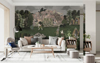Traditional pastoral wall mural featuring figures, animals, and calm natural scenery