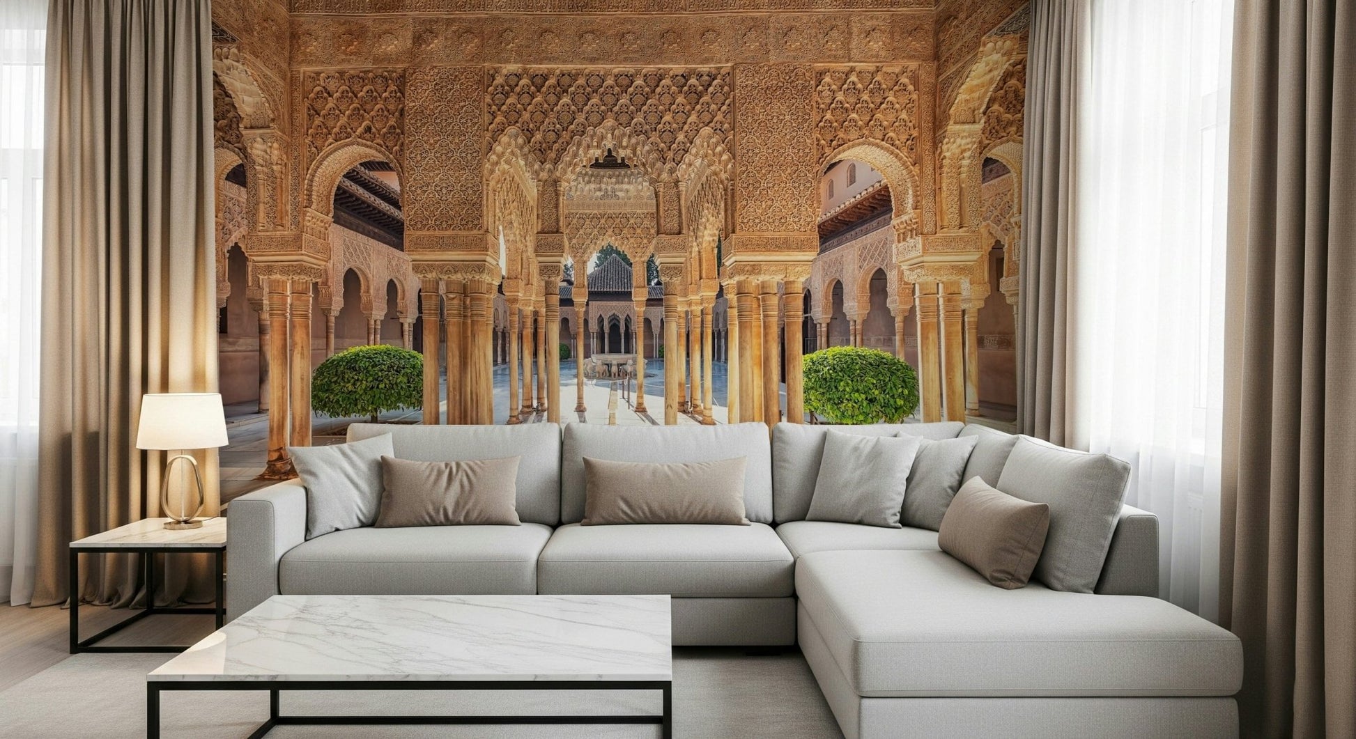 Sunlit Spanish palace garden view on peel and stick wallpaper.