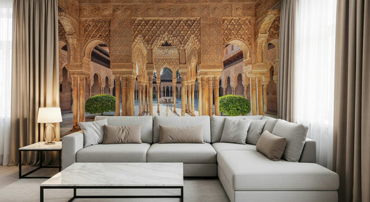Sunlit Spanish palace garden view on peel and stick wallpaper.