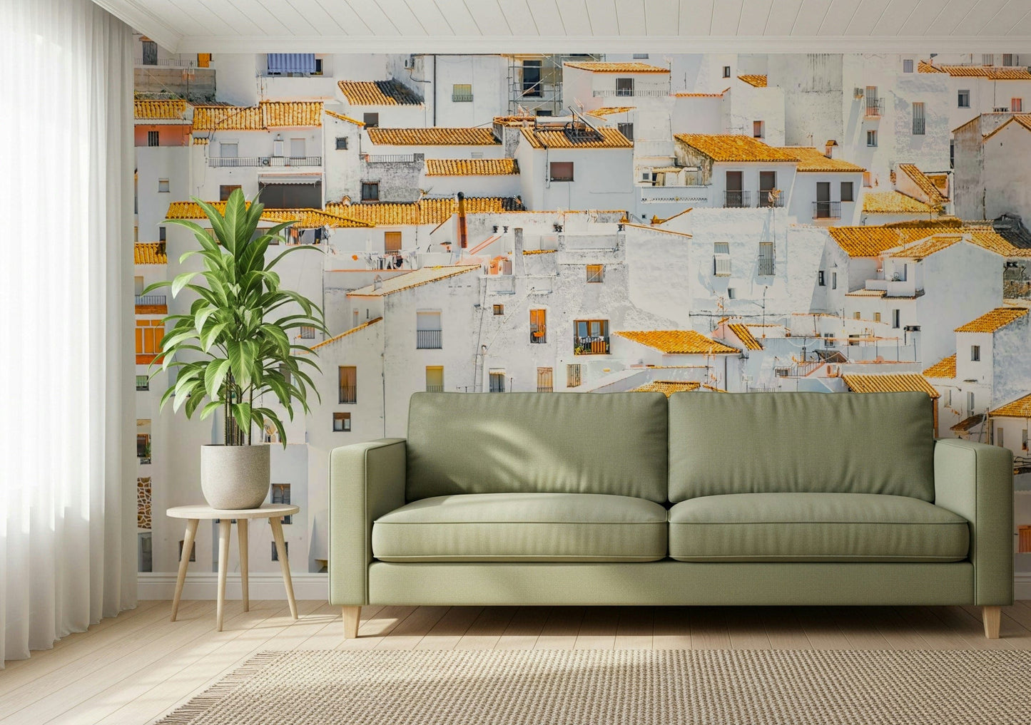 Whitewash buildings windows bright Andalusian Village wall art.