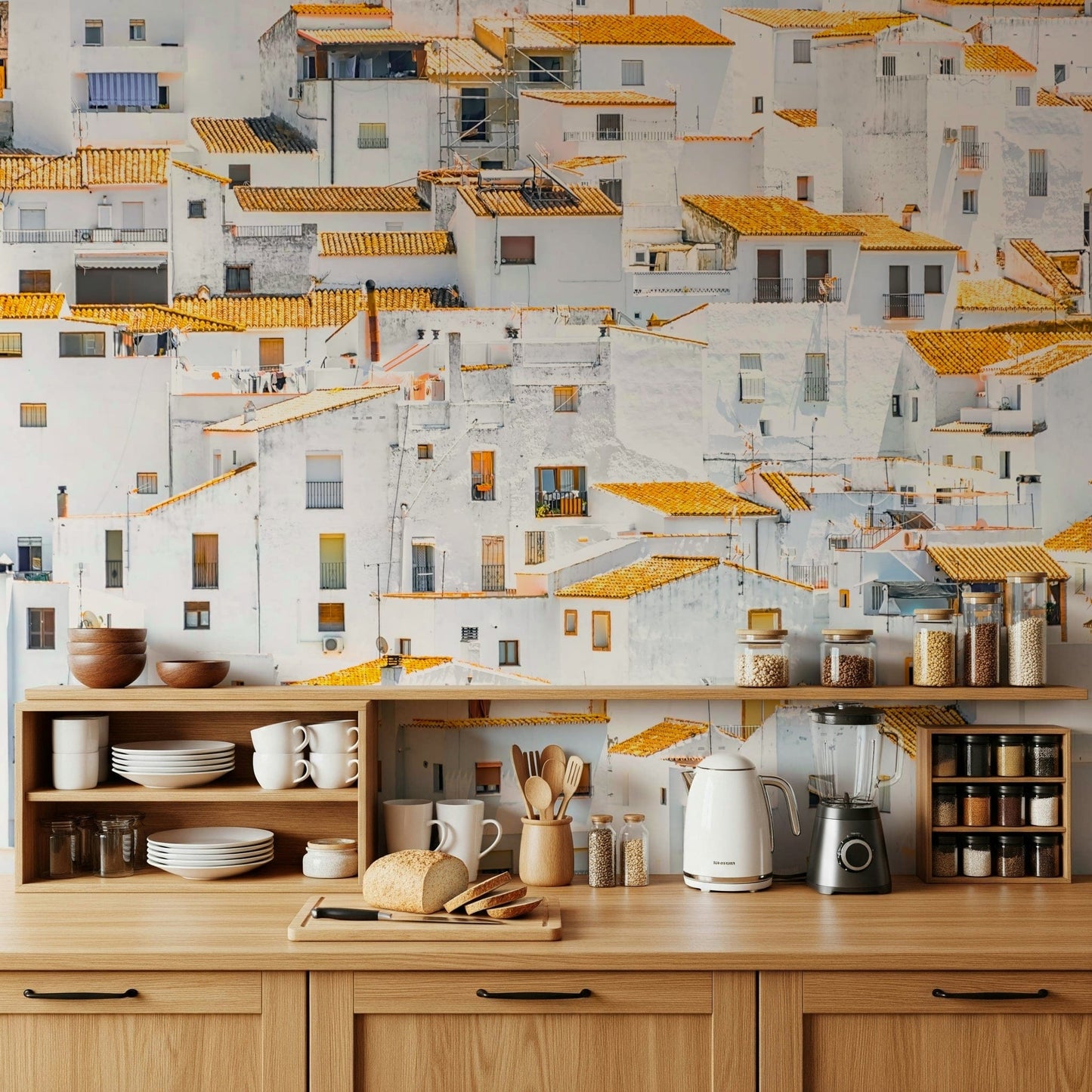 Sunny cluster white buildings Andalusian Village wallpaper pattern.