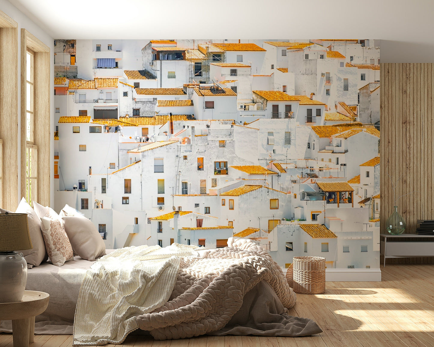 Andalusian Village white stucco homes rooftop wallpaper for walls.